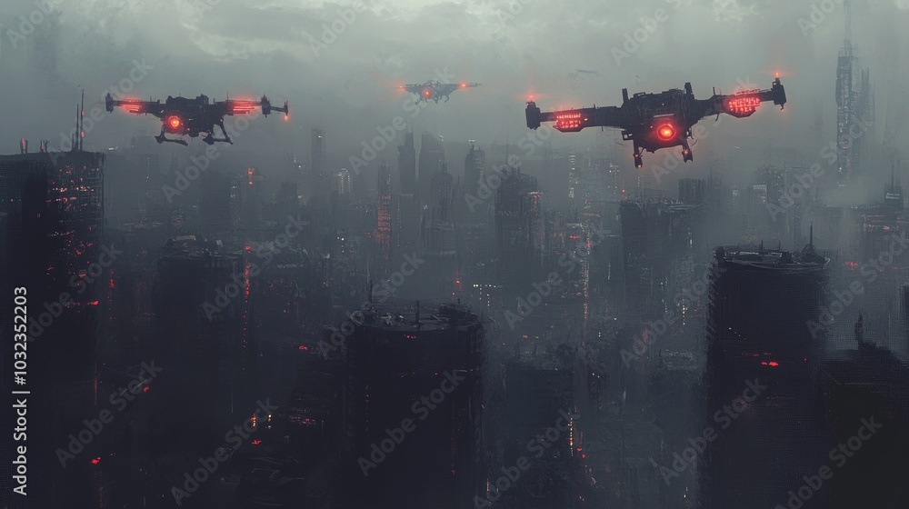 Dark futuristic city with flying drones. Dark futuristic city with flying drones.