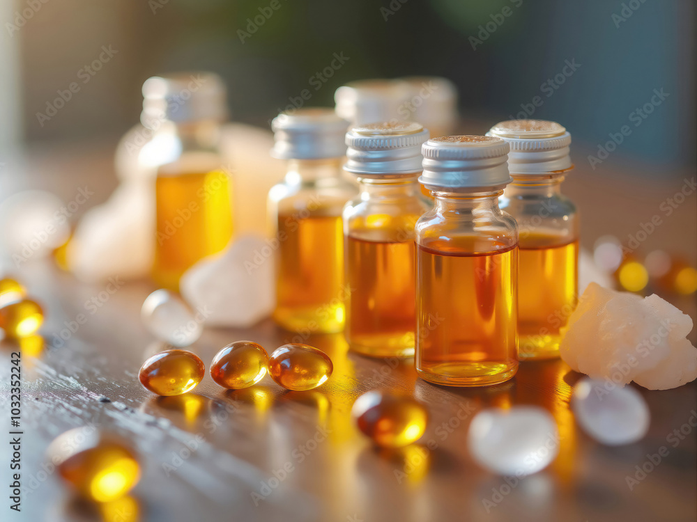 Bottles of cbd oil, thc tincture, cannabis extract, and hemp seeds on a wooden table with sun flare Bottles of cbd oil, thc tincture, cannabis extract, and hemp seeds on a wooden table with sun flare