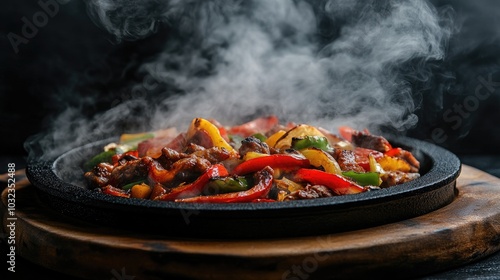 Sizzling fajitas with smoke rising, placed on a black stone background to capture the hot and spicy essence of the dish.