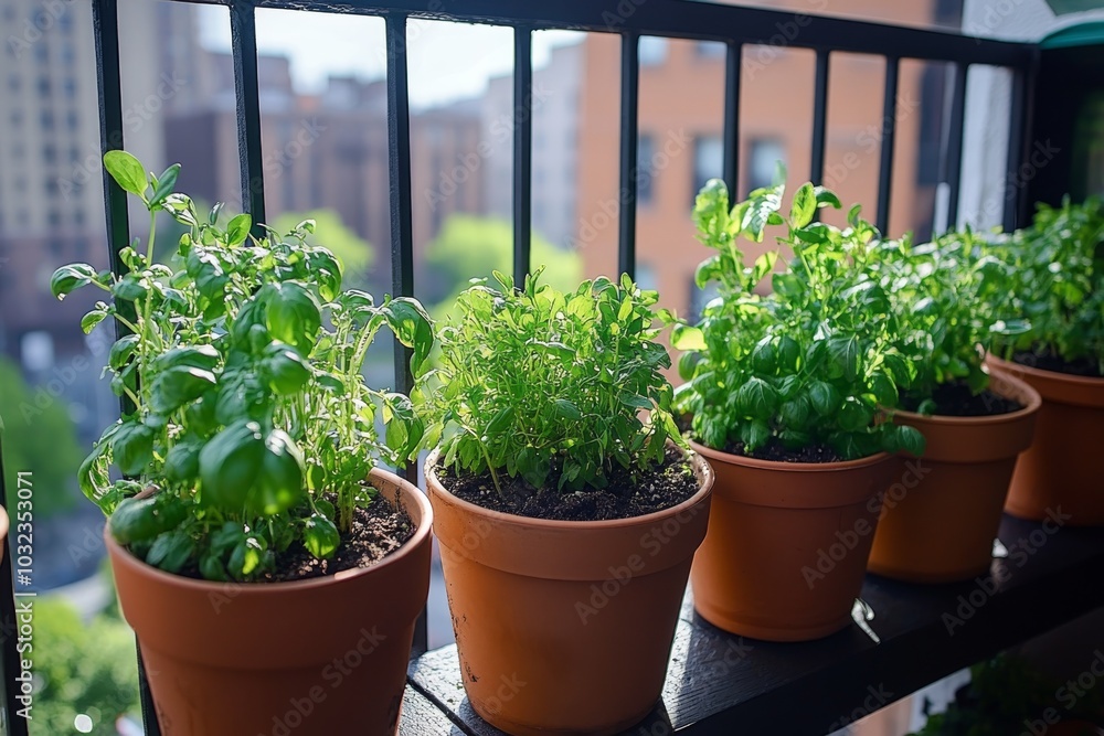 Fresh Basil Plants Growing in Terracotta Pots on a Balcony Fresh Basil Plants Growing in Terracotta Pots on a Balcony