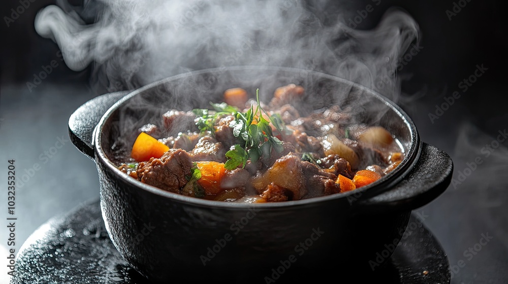 Steaming pot of stew with rising smoke, placed on a black stone background, perfect for a hearty meal concept. Steaming pot of stew with rising smoke, placed on a black stone background, perfect for a hearty meal concept.