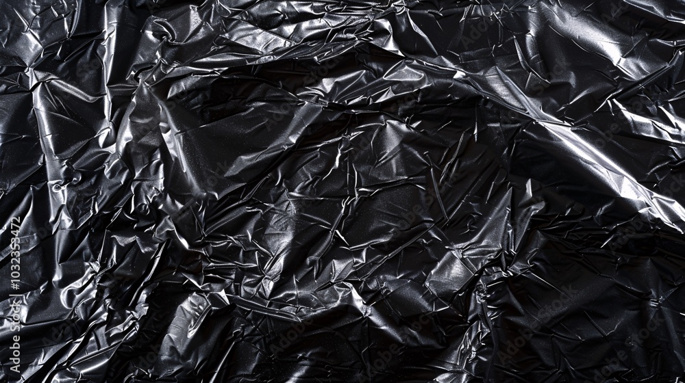 A close-up of plastic film creases, with a shiny texture on a black background creating depth and detail. A close-up of plastic film creases, with a shiny texture on a black background creating depth and detail.