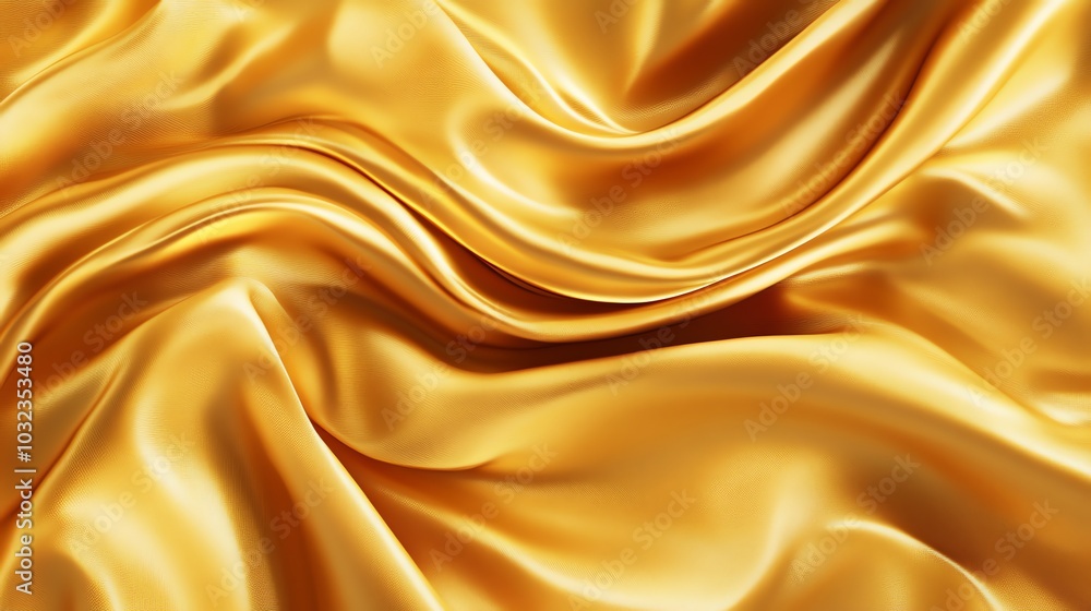 Golden satin fabric draped in soft waves, luxurious and shiny, perfect for elegant decoration Golden satin fabric draped in soft waves, luxurious and shiny, perfect for elegant decoration