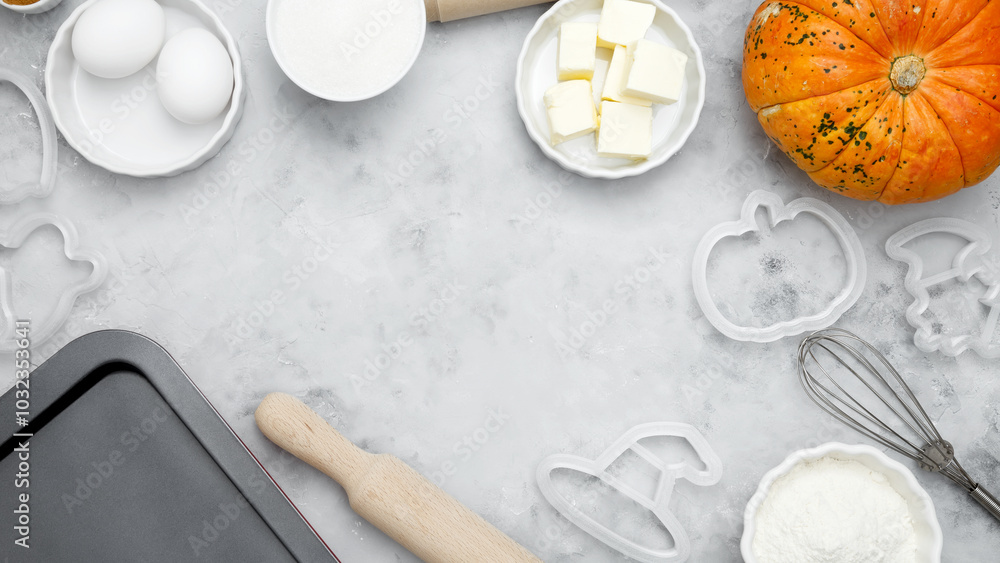 Ingredients for baking Halloween cookies including flour, butter, sugar, spices, eggs and pumpkin. Seasonal autumn baking Ingredients for baking Halloween cookies including flour, butter, sugar, spices, eggs and pumpkin. Seasonal autumn baking