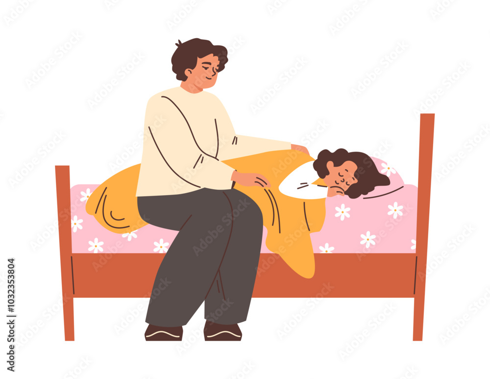 Mother putting daughter to sleep in the bed, vector cartoon woman parent is singing a lullaby for child, kids bedtime Mother putting daughter to sleep in the bed, vector cartoon woman parent is singing a lullaby for child, kids bedtime