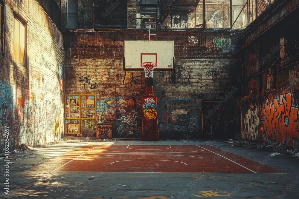 Fototapeta premium Abandoned Basketball Court with Graffiti and Brick Walls