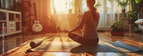 A home yoga practice with a woman in a relaxed pose, promoting well-being and physical activity.