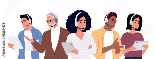 Customer support concepts. Set of diverse call center operators characters. Call center work. Vector illustration in flat style