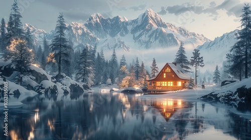 Cozy Cabin by a Snowy Lake with Majestic Mountain View and Warm Lights Reflecting on the Water