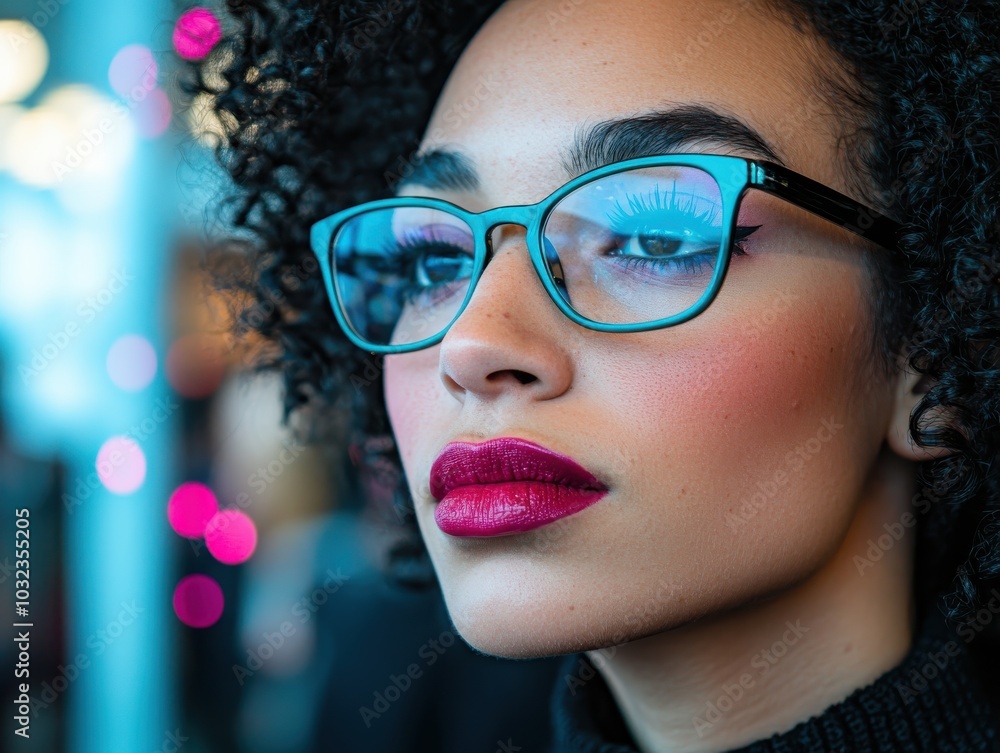 Woman with curly hair and glasses, close-up portrait with soft focus background.