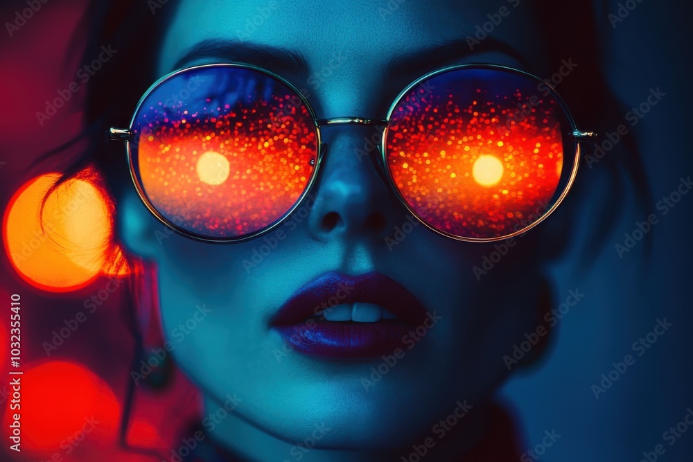 A woman with stylish sunglasses reflecting colorful lights and vibrant atmosphere. A woman with stylish sunglasses reflecting colorful lights and vibrant atmosphere.