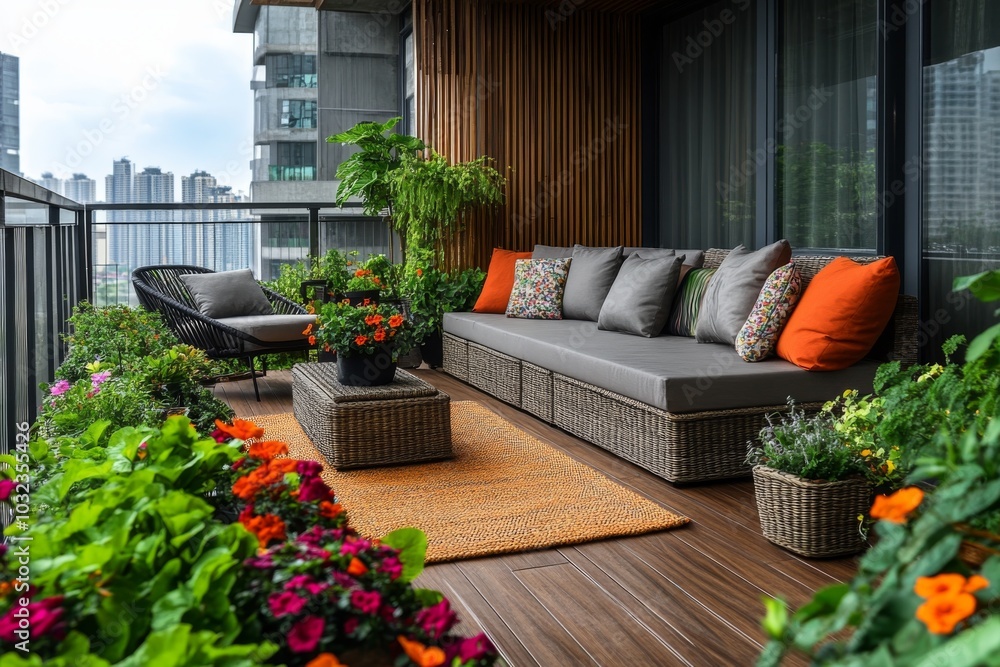Obraz premium Modern Balcony Design with Wicker Furniture and City Views