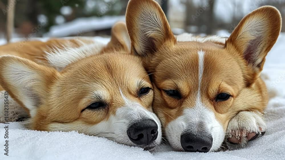 Two sleeping corgis cuddling on a snowy surface, showcasing warmth and companionship. Two sleeping corgis cuddling on a snowy surface, showcasing warmth and companionship.