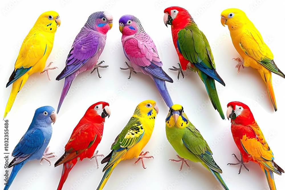 Obraz premium Colorful Variety of Exotic Parrots and Budgies on White Background in Vibrant Display of Colors