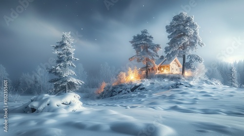 Cozy Winter Cabin Illuminated by Warm Light in Snowy Forest Under Starry Night Sky