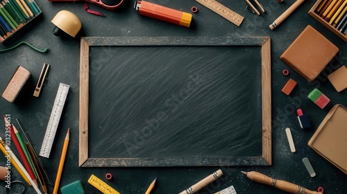 Chalkboard with a motivational quote surrounded by chalk, erasers, and rulers, perfect for educational inspiration ads photo