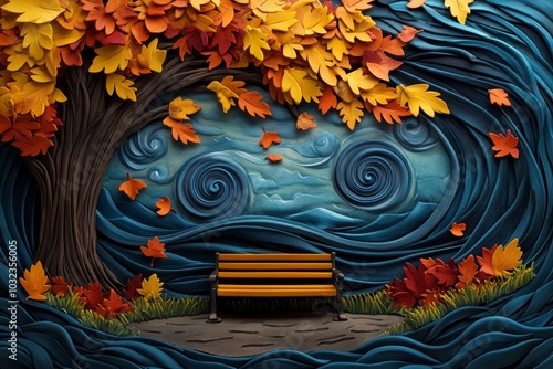 Watercolor scene of a park bench under a tree, surrounded by swirling leaves