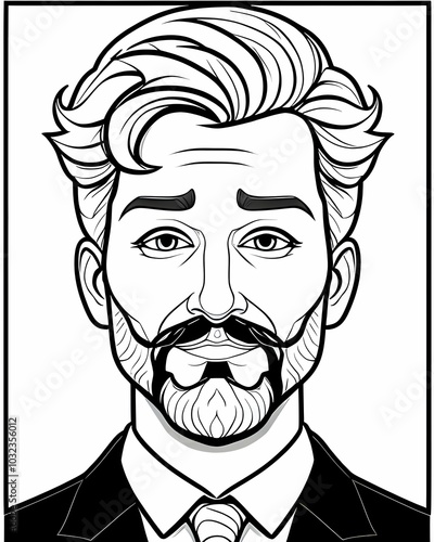 Hipster Man with Beard and Mustache - Black and White Cartoon Illustration