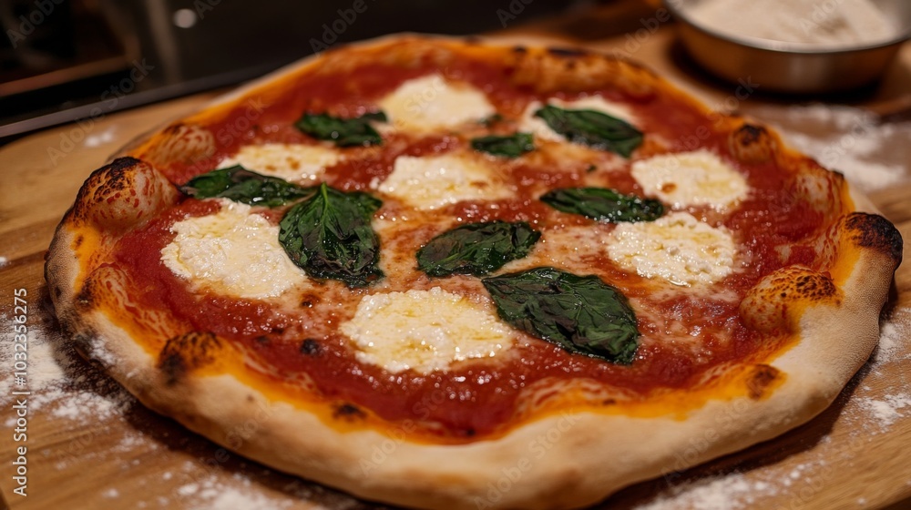 Freshly Baked Margherita Pizza on Wooden Board Freshly Baked Margherita Pizza on Wooden Board