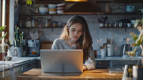 A young businesswoman working on her laptop from home, managing her business remotely.