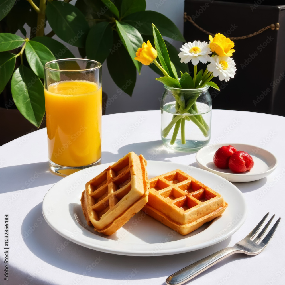 homemade waffles on a white ceramic plate and freshly squeezed orange juice in a glass and a bouquet of flowers in a vase homemade waffles on a white ceramic plate and freshly squeezed orange juice in a glass and a bouquet of flowers in a vase
