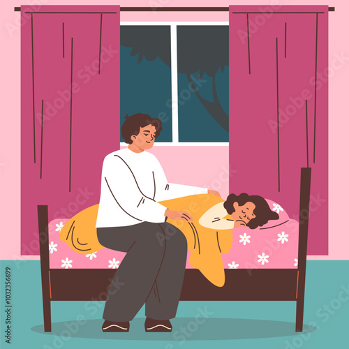 Vector illustration a mother who carefully puts a teenage girl to sleep in a room.