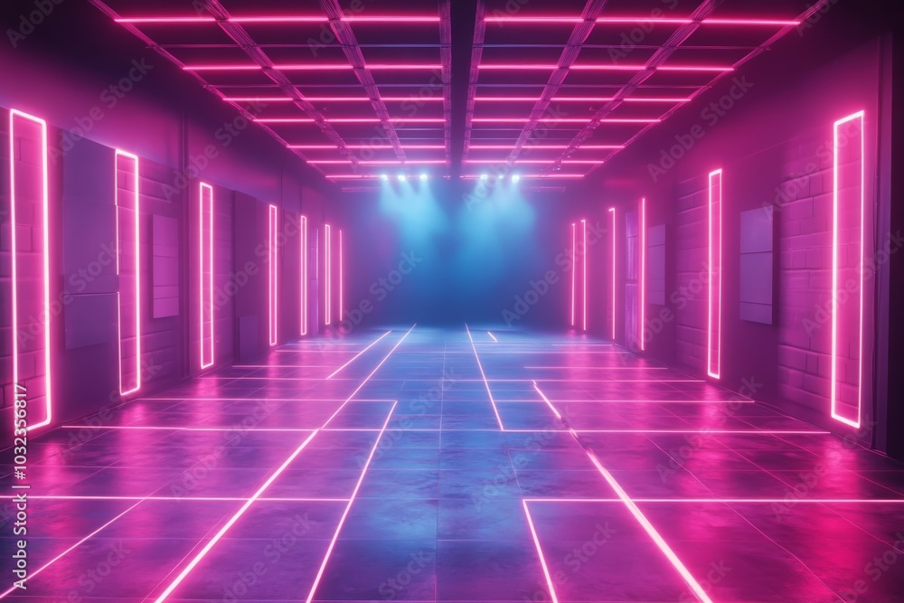 Neon Pink and Blue Lights in a Long Corridor Neon Pink and Blue Lights in a Long Corridor