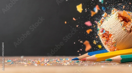 Closeup of colorful pencil shavings and sharpened pencils on a desk, perfect for a creative backtoschool campaign photo