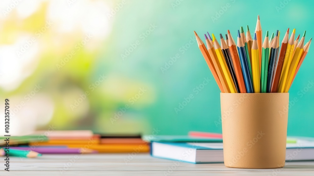 Fototapeta premium Closeup of pencils in a cup with a blurred background of school supplies, ideal for promoting desk organization tools