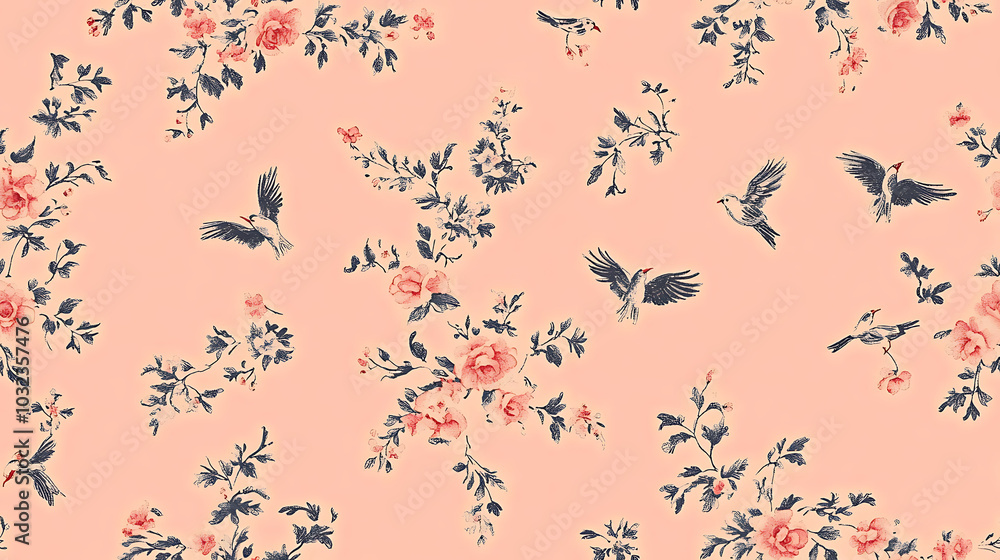 Elegant floral pattern featuring birds and roses on soft pink background Elegant floral pattern featuring birds and roses on soft pink background