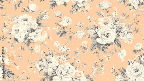 Romantic floral pattern with soft colors and delicate details evokes elegance