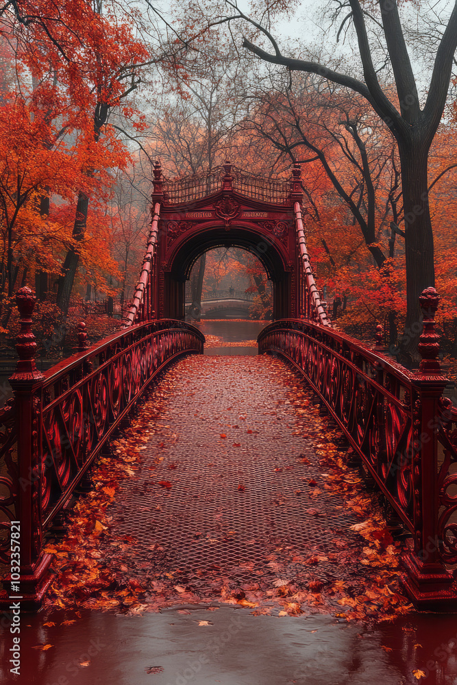 Obraz premium A bridge in a park surrounded by fiery red and gold trees, capturing a serene yet stunning autumn atmosphere,