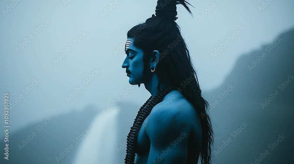 Obraz premium God Shiva with flowing hair standing on mountain top, serene and powerful