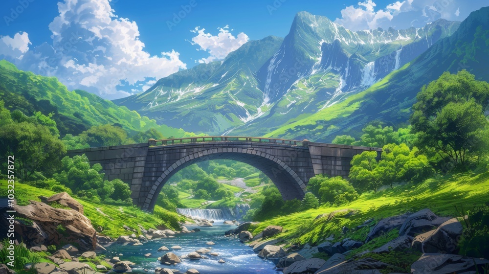 A bridge spans a lush, green valley with a flowing river and cascading waterfalls. The scene is framed by vibrant foliage and distant, misty mountains under a bright, partly cloudy sky A bridge spans a lush, green valley with a flowing river and cascading waterfalls. The scene is framed by vibrant foliage and distant, misty mountains under a bright, partly cloudy sky