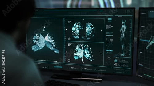 Doctor Using Innovative Hospital Computer To Scan Lungs Of Ill Patient. Doctor Checks Lungs Of Patient In High Tech Hospital Computer. Doctor Diagnosed Coronavirus In Hospital Computer Interface