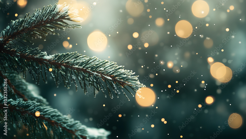 Close-up of pine tree branches with snow and bokeh lights in the background
Close-up of pine tree branches with snow and bokeh lights in the background