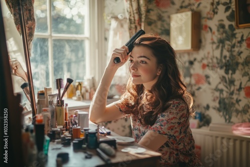 A young woman styles her hair in a cozy, sunlit room. The vintage decor and vibrant colors create a warm and inviting atmosphere. Perfect for beauty and lifestyle themes. Generative AI photo