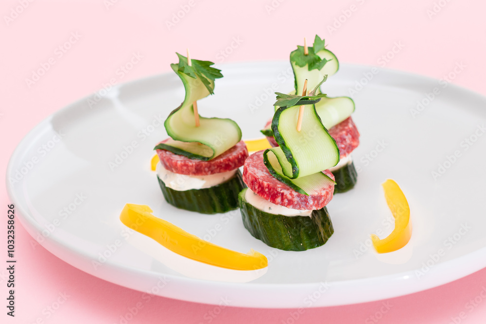 Canapes without Bread with Salami, Cucumber, Greens and Cream Cheese on White Plate. Easy Breakfast. Diet Food. Quick and Healthy Sandwiches. Healthy Snacks with Tasty Fillings Canapes without Bread with Salami, Cucumber, Greens and Cream Cheese on White Plate. Easy Breakfast. Diet Food. Quick and Healthy Sandwiches. Healthy Snacks with Tasty Fillings