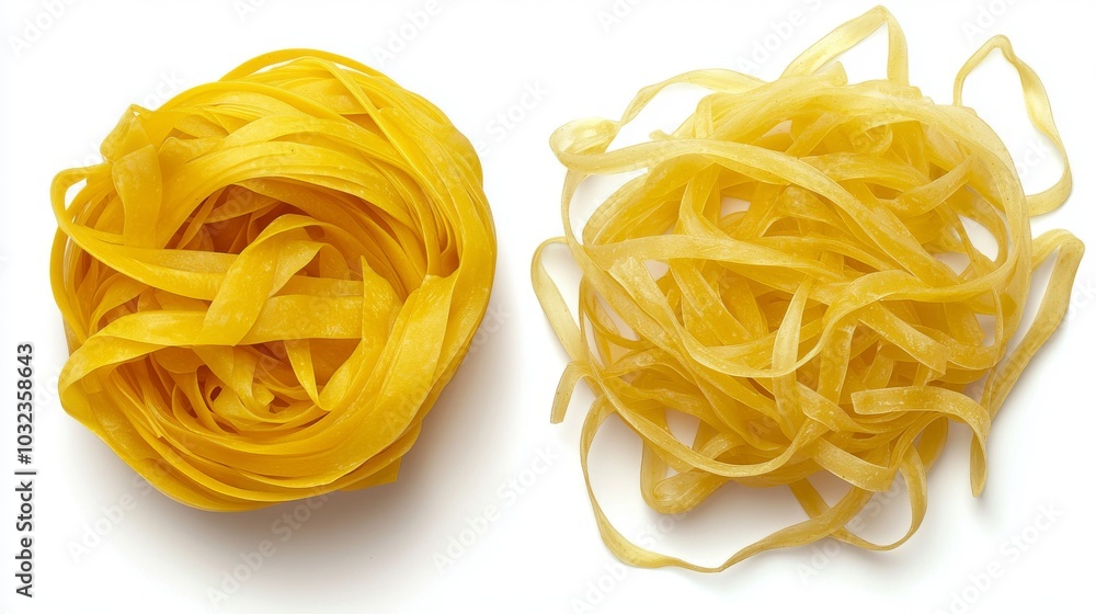 Tangled and Untangled. Fresh Fettuccine Pasta Nest vs. Loose Tagliatelle on White Background Tangled and Untangled. Fresh Fettuccine Pasta Nest vs. Loose Tagliatelle on White Background