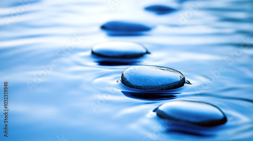 serene zen garden with smooth blue stones and gentle water ripples