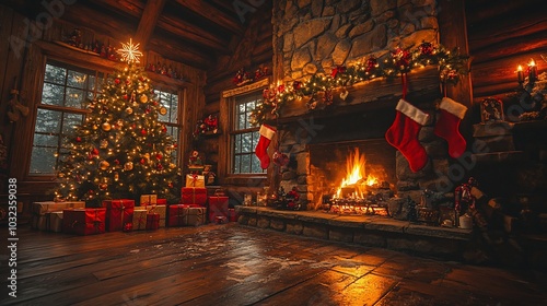 A cozy log cabin decorated for Christmas with a fireplace, Christmas tree, and presents.