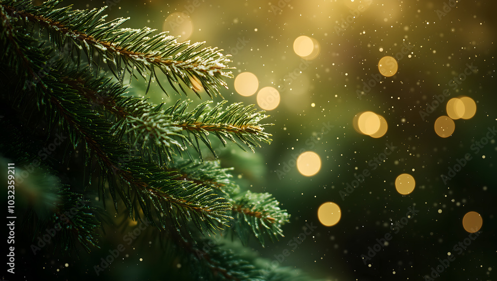 Close-up of pine tree branches with snow and bokeh lights in the background
Close-up of pine tree branches with snow and bokeh lights in the background
