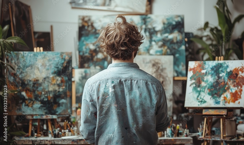 Back view man Artist painting artwork at workspace, Generative AI Back view man Artist painting artwork at workspace, Generative AI