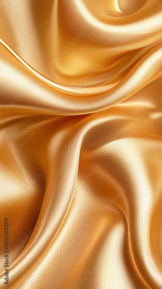 Fototapeta premium Golden satin fabric draped in luxurious waves, shimmering with a soft, silky texture and a subtle golden pattern
