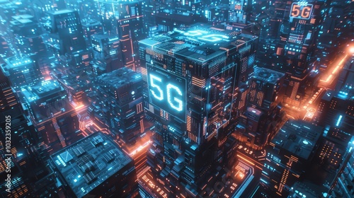 Futuristic city with a glowing 5G tower in the center.