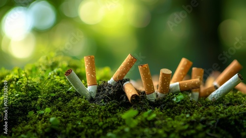 Cigarette Butts on Eco-Friendly Green Moss