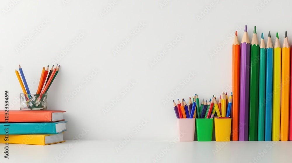 Fototapeta premium Organized school supplies in rainbow order on a desk, perfect for promoting a fun and colorful backtoschool season