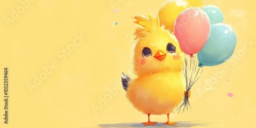 Cute yellow chick holding balloons on yellow background