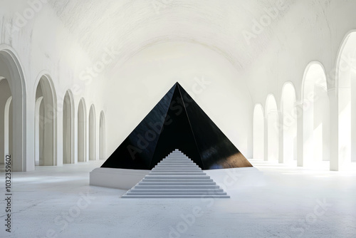 Black pyramid isolated in a white room with arches.
