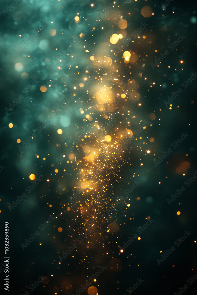Naklejka premium A radiant display of golden bokeh lights twinkling on a deep green backdrop, floating softly in a festive scene,